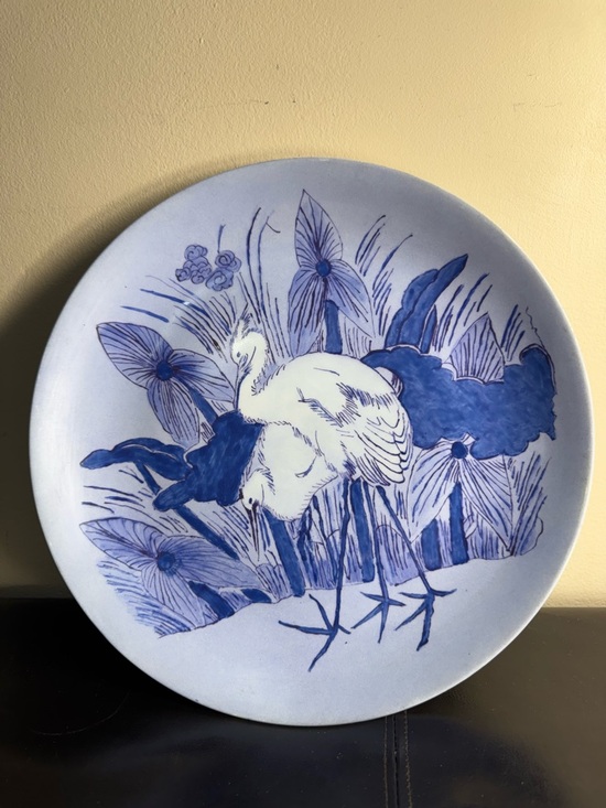 Other - Hand Painted Blue & White Heron / Crane Bird Decorative Wall Plate - Home Art